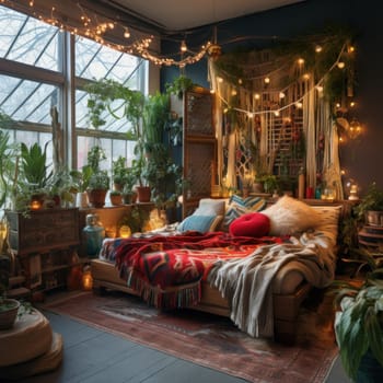 Comfortable Boho winter room tent. Home plaid. Generate Ai