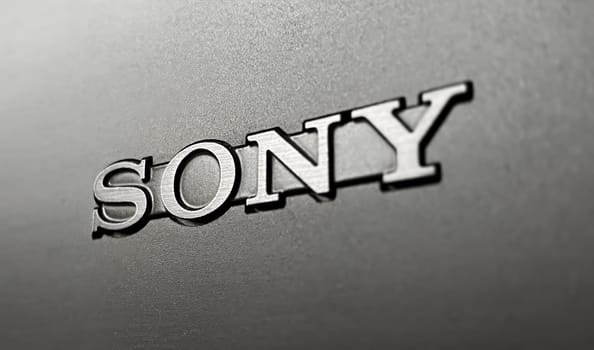 Tokyo, JP - Jan 1 2024  Close-up view of the Sony logo on a textured surface, illustrative editorial.