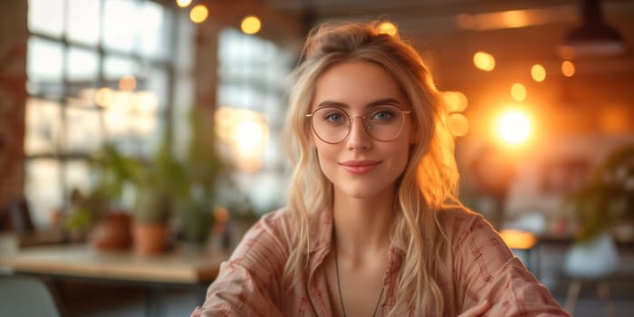 Young woman sitting in a Cafe, small business owner, lifestyle restaurant, tables and plants in the background