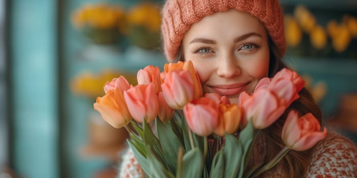 Woman with bunch of tulips, daughter brings mother flowers for mothers day, birthday and friendship concept