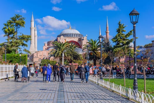 Istanbul, Turkey - November 14, 2023. View of the Sultan Ahmet Park in front of Hagia Sophia Grand Mosque and Hagia Sophia Hurrem Sultan Bathhouse. Sultanahmet neighbourhood, City of Istanbul, Turkey.