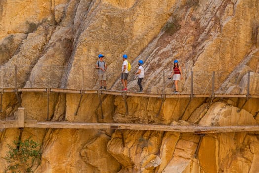 Caminito Del Rey, Spain, October 19, 2023: Visitors Walking Along the Worlds Most Dangerous Footpath Reopened in May 2015. Ardales, Spain.