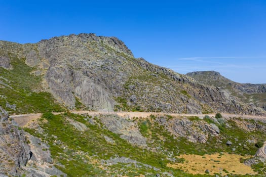 Landscape of the Serra da Estrela mountain range, along road, in Portugal