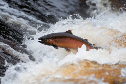 A salmon jumping up a waterfall to get to its spawning grounds. AI generated