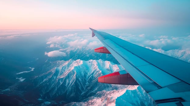 Airplane wing above the cloud at dawn. Travel or flight by plane. AI generated