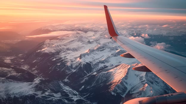 Airplane wing over mountains against sunset. Travel or flight by plane. AI generated