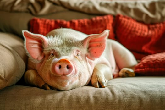 Fat sleepy pig lying on the sofa.Concept for laziness and negligence. AI generated