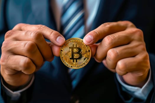 Businessman holding bitcoin symbol of crypto currency - electronic virtual money for web banking and international network payment.  AI generated
