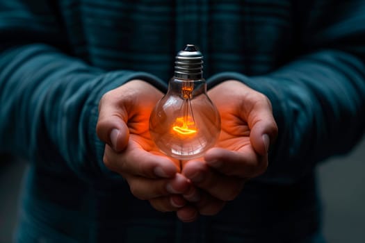 Hands hold light bulb inspired by innovative business idea, innovation, energy save concept. AI generated