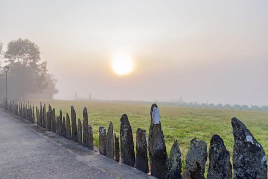 View of Galicia mountain landscape at the sunrise along the way of St. James. Lugo