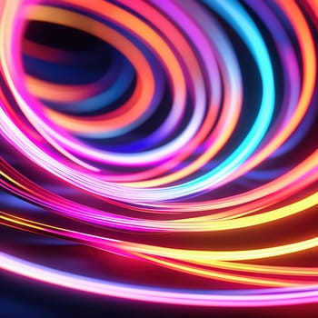 3d render. Abstract panoramic background of twisted dynamic neon lines glowing in the dark room with floor reflection. Virtual fluorescent ribbon loop.