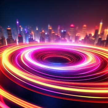 3d render. Abstract panoramic background of twisted dynamic neon lines glowing in the dark room with floor reflection. Virtual fluorescent ribbon loop.