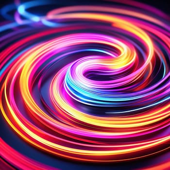 3d render. Abstract panoramic background of twisted dynamic neon lines glowing in the dark room with floor reflection. Virtual fluorescent ribbon loop.