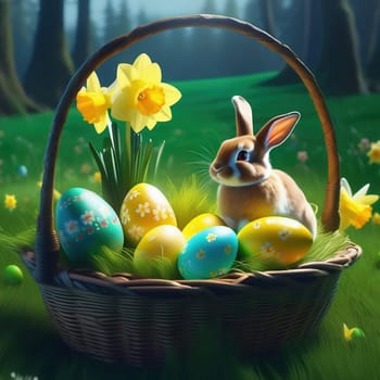 Easter bunny in an Easter basket with Easter eggs on a green meadow. Daffodils are blooming yellow. Easter generated with AI. Illustration
