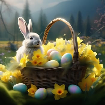 Easter bunny in an Easter basket with Easter eggs on a green meadow. Daffodils are blooming yellow. Easter generated with AI. Illustration