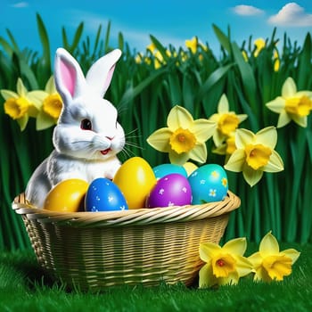 Easter bunny in an Easter basket with Easter eggs on a green meadow. Daffodils are blooming yellow. Easter generated with AI. Illustration