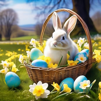Easter bunny in an Easter basket with Easter eggs on a green meadow. Daffodils are blooming yellow. Easter generated with AI. Illustration