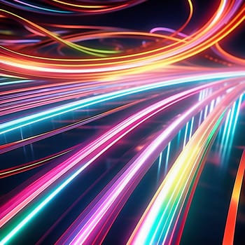 3d render. Abstract panoramic background of twisted dynamic neon lines glowing in the dark room with floor reflection. Virtual fluorescent ribbon loop.