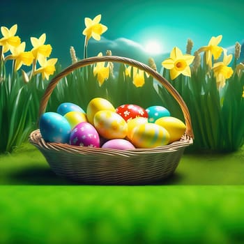Easter basket with Easter eggs on a green meadow. Daffodils are blooming yellow. Easter generated with AI. Illustration