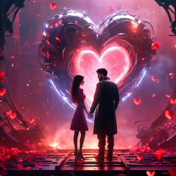 Couple in love with hearts and roses. Romantic AI generated image. Valentine's Day, wedding, engagement. Love in picture