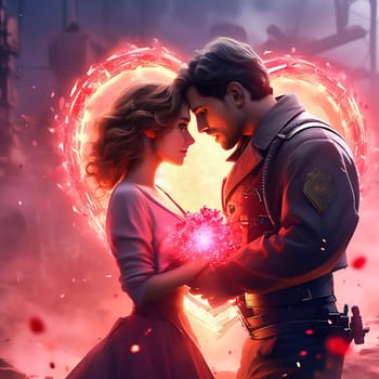 Couple in love with hearts and roses. Romantic AI generated image. Valentine's Day, wedding, engagement. Love in picture