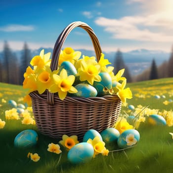 Easter basket with Easter eggs on a green meadow. Daffodils are blooming yellow. Easter generated with AI. Illustration