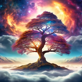 Fantasy tree in front of a starry sky with colorful clouds in the universe. AI generated image. Bright colors with old tree on a hill.