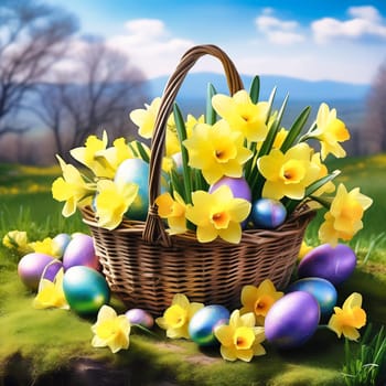 Easter basket with Easter eggs on a green meadow. Daffodils are blooming yellow. Easter generated with AI. Illustration