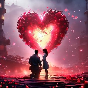 Couple in love with hearts and roses. Romantic AI generated image. Valentine's Day, wedding, engagement. Love in picture