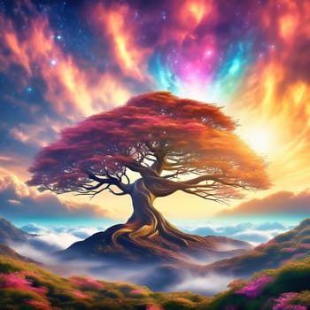 Fantasy tree in front of a starry sky with colorful clouds in the universe. AI generated image. Bright colors with old tree on a hill.