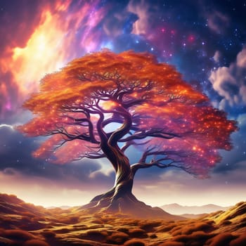 Fantasy tree in front of a starry sky with colorful clouds in the universe. AI generated image. Bright colors with old tree on a hill.