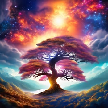 Fantasy tree in front of a starry sky with colorful clouds in the universe. AI generated image. Bright colors with old tree on a hill.