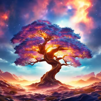 Fantasy tree in front of a starry sky with colorful clouds in the universe. AI generated image. Bright colors with old tree on a hill.