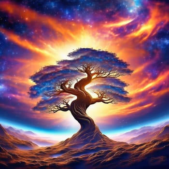 Fantasy tree in front of a starry sky with colorful clouds in the universe. AI generated image. Bright colors with old tree on a hill.