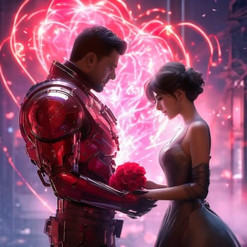 Couple in love with hearts and roses. Romantic AI generated image. Valentine's Day, wedding, engagement. Love in picture