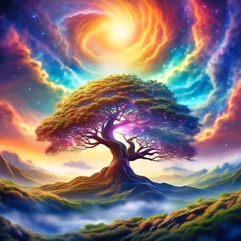 Fantasy tree in front of a starry sky with colorful clouds in the universe. AI generated image. Bright colors with old tree on a hill.