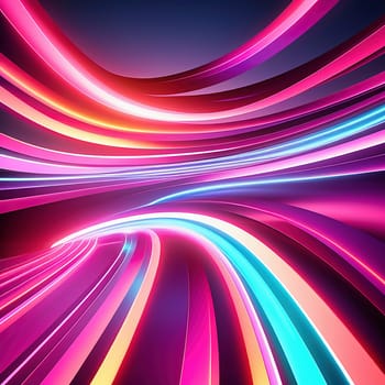 3d render. Abstract panoramic background of twisted dynamic neon lines, in wave form, glows in the dark space. Virtual fluorescent ribbon loop.