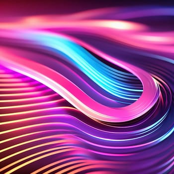 3d render. Abstract panoramic background of twisted dynamic neon lines, in wave form, glows in the dark space. Virtual fluorescent ribbon loop.