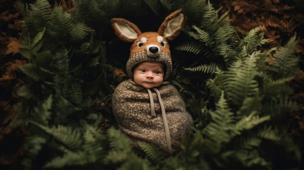 new born baby portrait wearing a deer costume in forest, ai