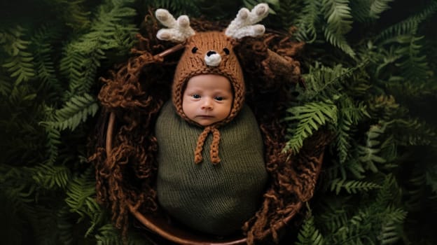 new born baby portrait wearing a deer costume in forest, ai
