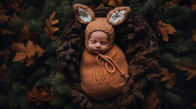 new born baby portrait wearing a deer costume in forest, ai