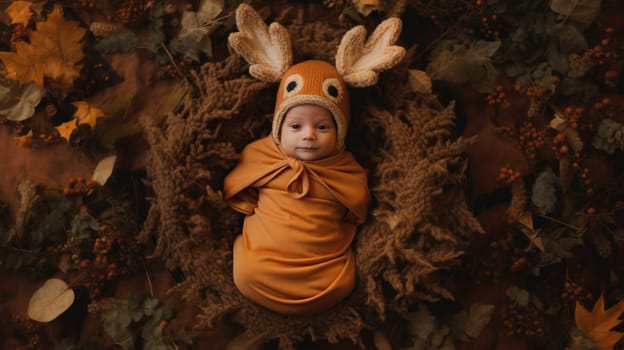 new born baby portrait wearing a deer costume in forest, ai