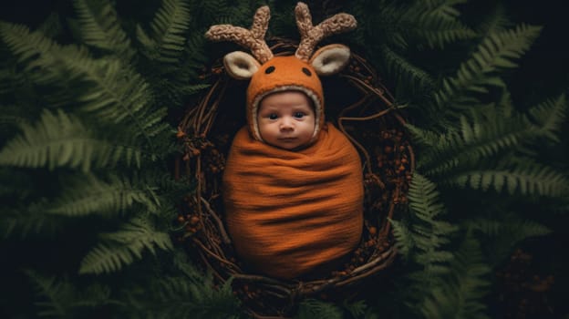 new born baby portrait wearing a deer costume in forest, ai