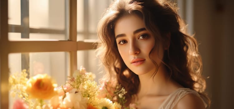 asian female, bridal studio photography with flower bouquet, ai