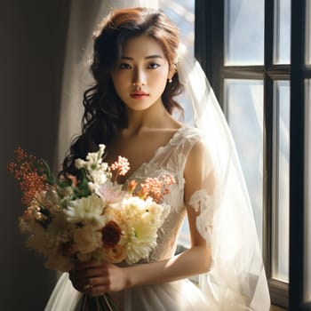 asian female, bridal studio photography with flower bouquet, ai