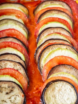 Ratatouille dish of stewed vegetables in baking dish