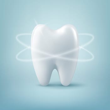 Vector 3d Realistic Tooth Closeup on Blue Background. Medical Dentist Design Template, Clipart, Mockup. Dentistry, Healthcare, Hygiene, Dental Care and Health Concept.