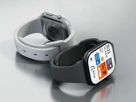 White and black smartwatches on gray background. 3D illustration.