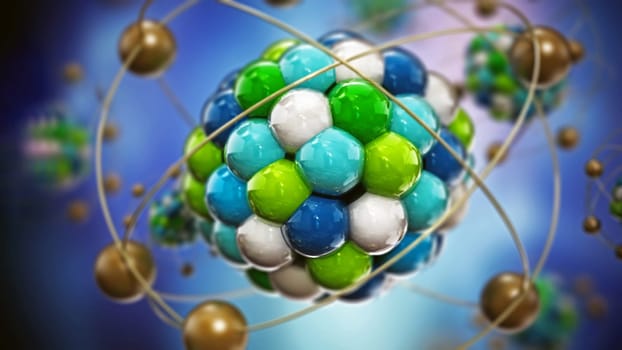 Abstract molecule model consisting of colored spheres. 3D illustration.