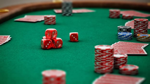 Poker table with playing cards, casino chips and dices. 3D illustration.